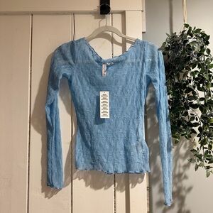 Light Blue Sheer Lace Long-Sleeve Women's Top - Feminine Layering Piece